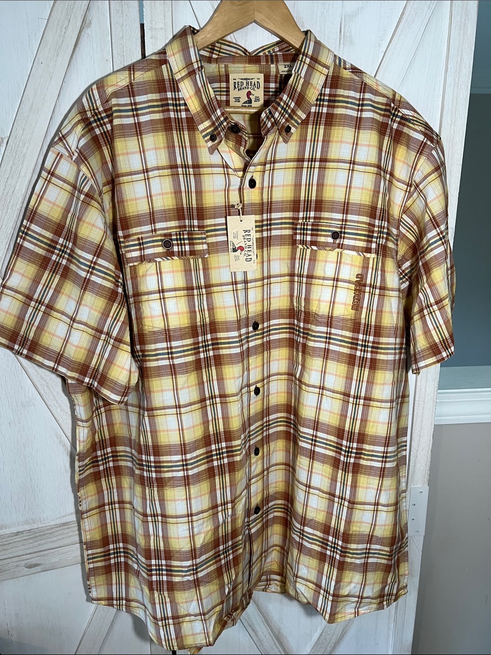 RedHead Short Sleeve Plaid Button-Up Shirt in Brown and Yellow